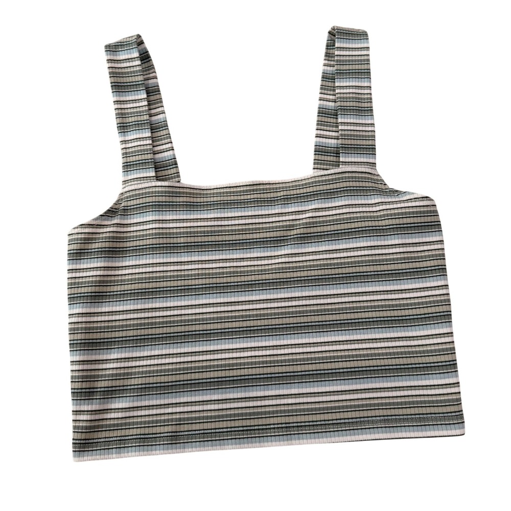 American Eagle Striped Cropped‎ Tank Top Square Neck Ribbed Green Blue Small